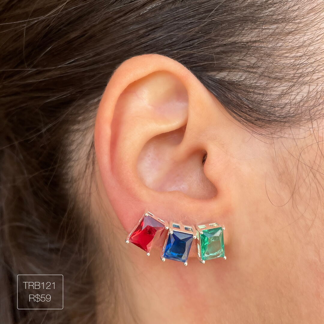 Trio de Brincos Retangulares Azul+Verde+Vermelho Prateado